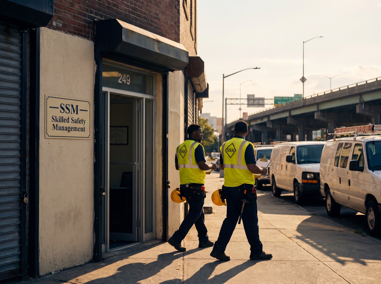 SSM site safety managers walking out of the Brooklyn HQ at 249 52nd St