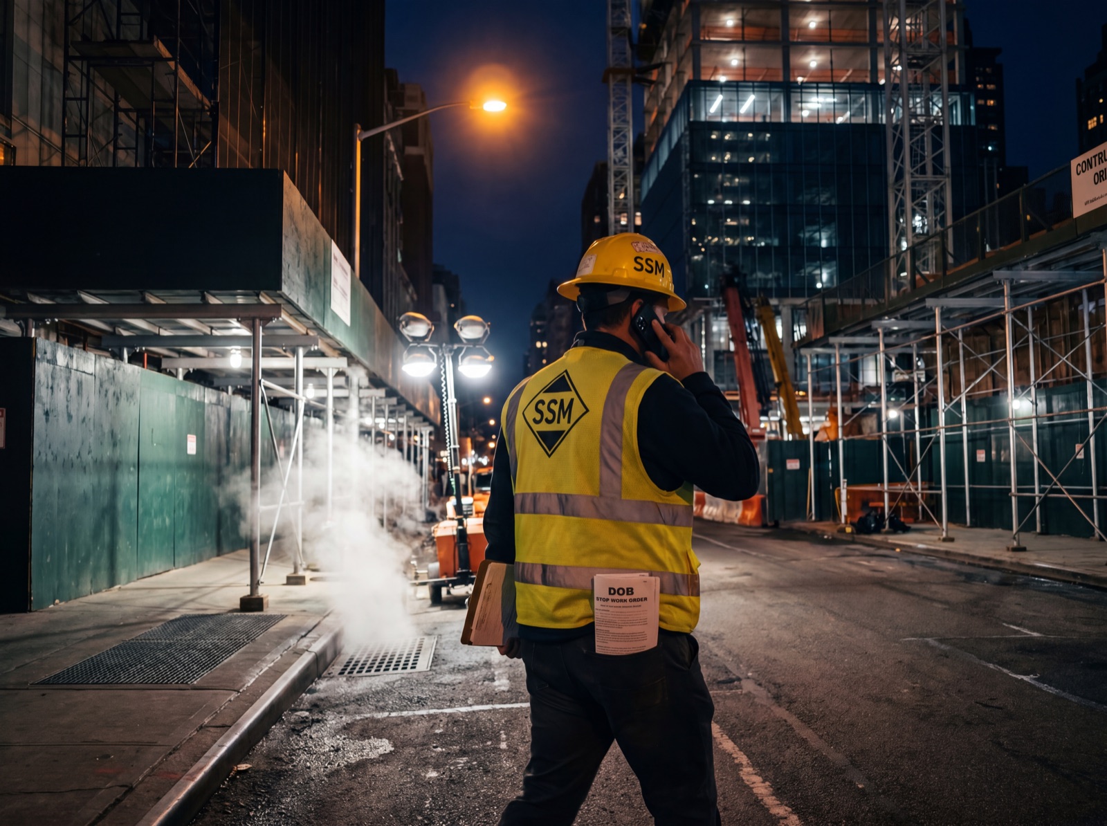 SSM site safety manager responding to an active NYC construction site at night