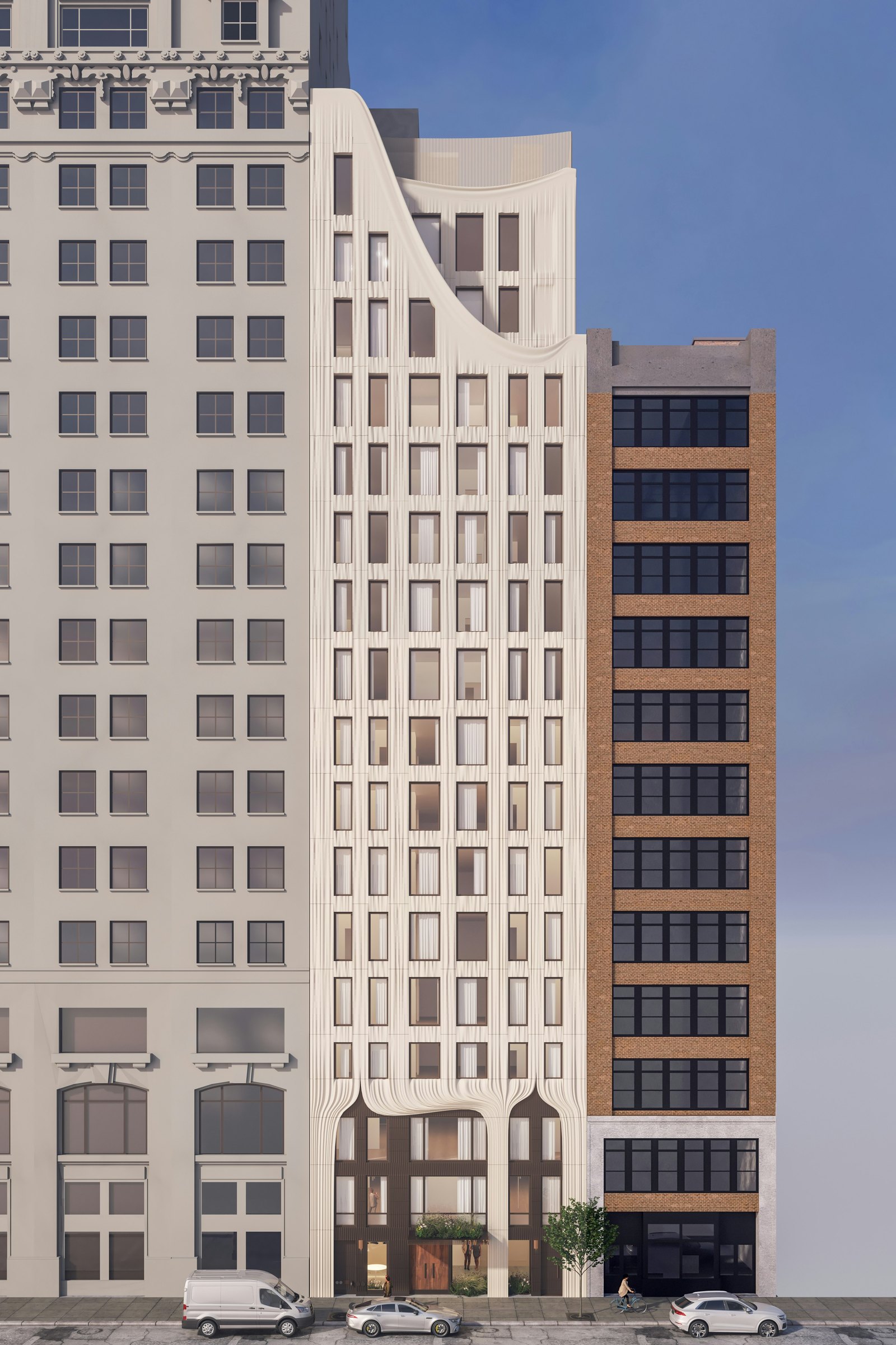 Manhattan — boutique residential with sculpted cast-stone ribbon facade between a pre-war limestone neighbor and a brick commercial building