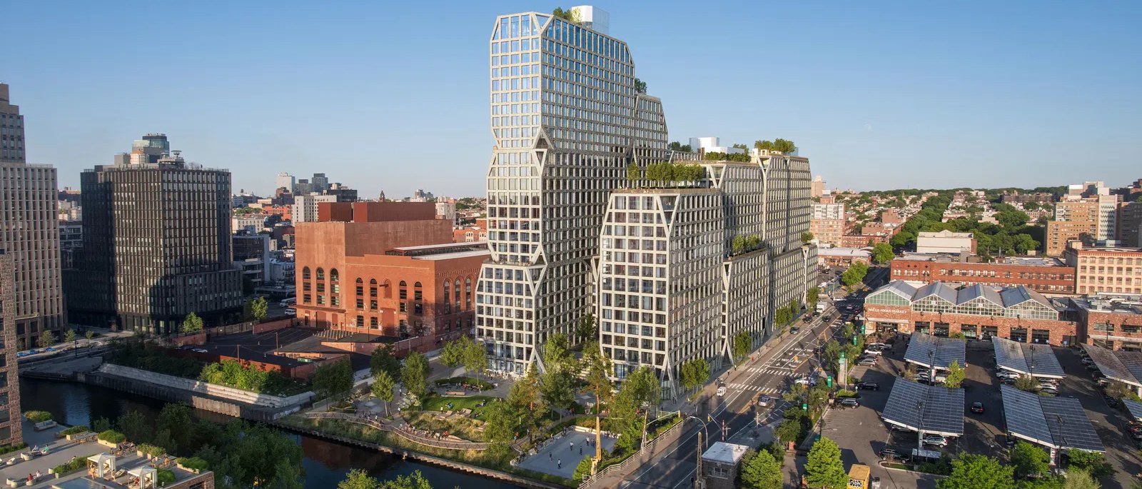 Brooklyn — Gowanus Canal mixed-use development with diamond-lattice exoskeleton facade and waterfront esplanade